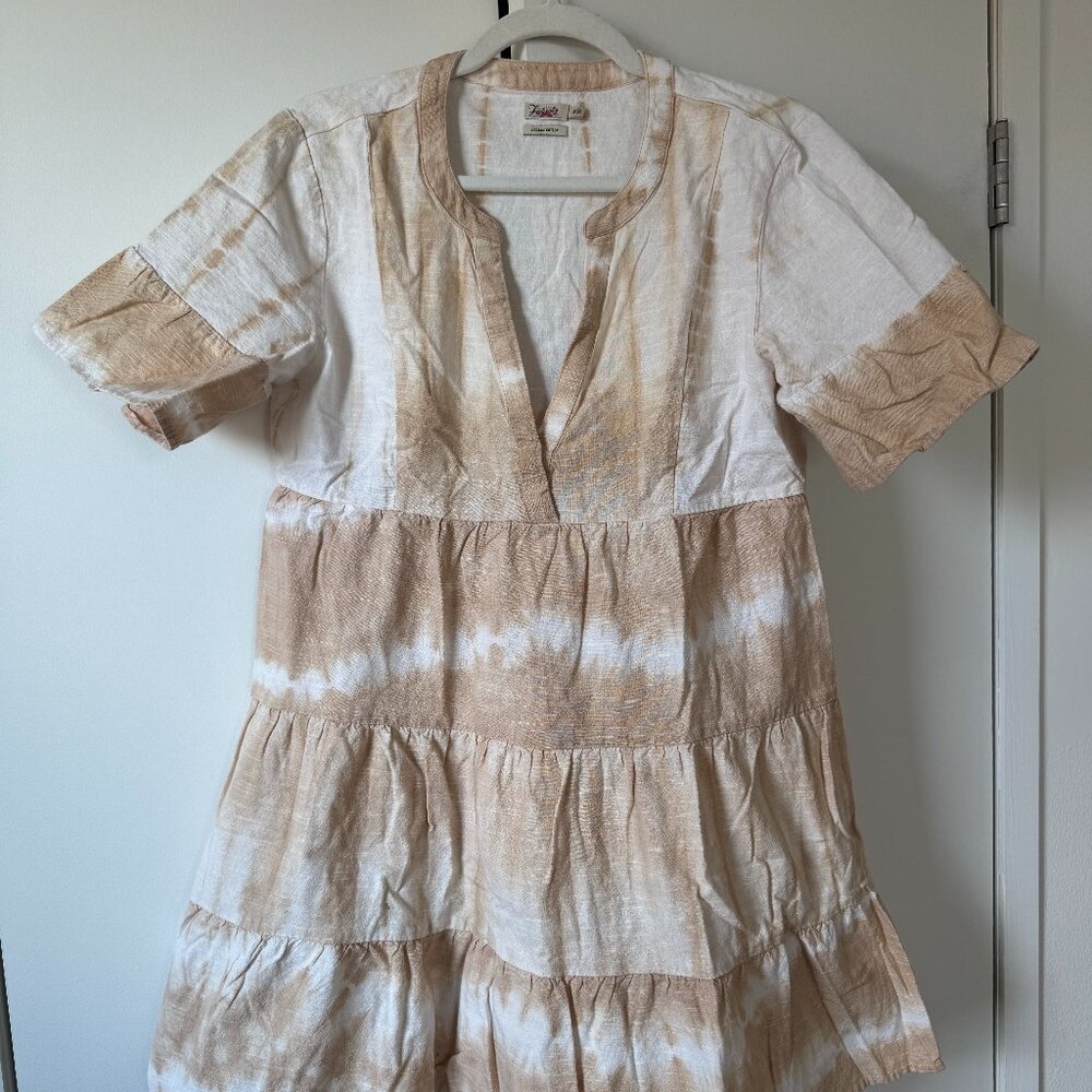 Faherty Neutral Tie-Dye Tiered Mini Dress – Boho Short Sleeve Summer Dress